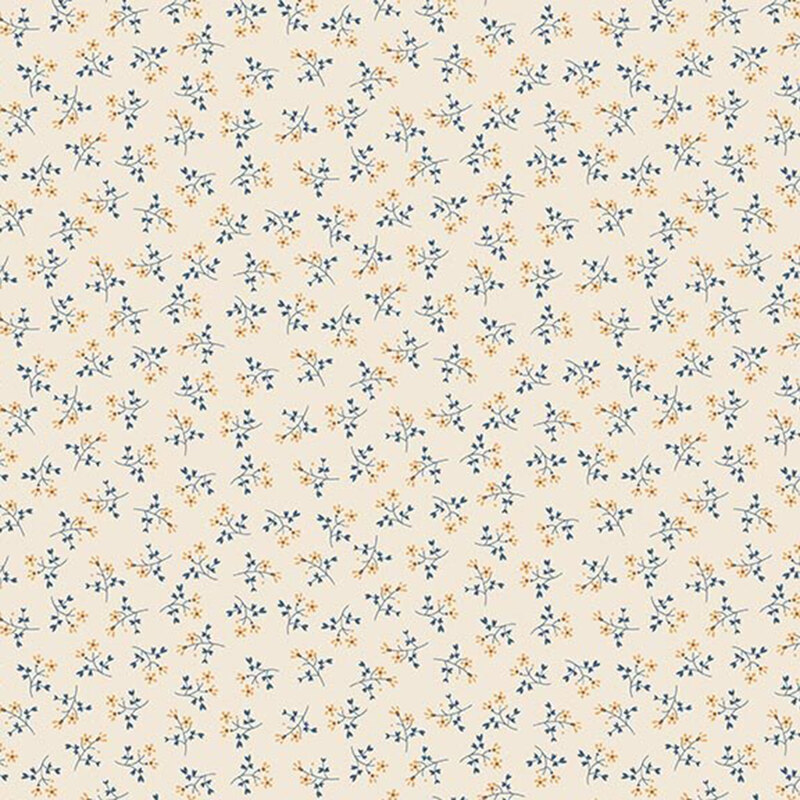 Light beige fabric with a pattern of little yellow flowers with blue stems