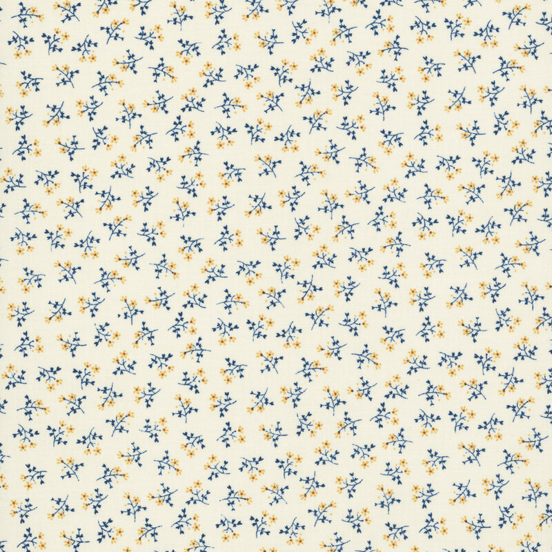 soft cream fabric with a pattern of little yellow flowers with blue stems