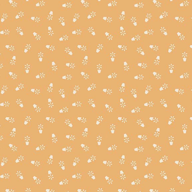 Gold fabric with a pattern of small cream flowerpots 