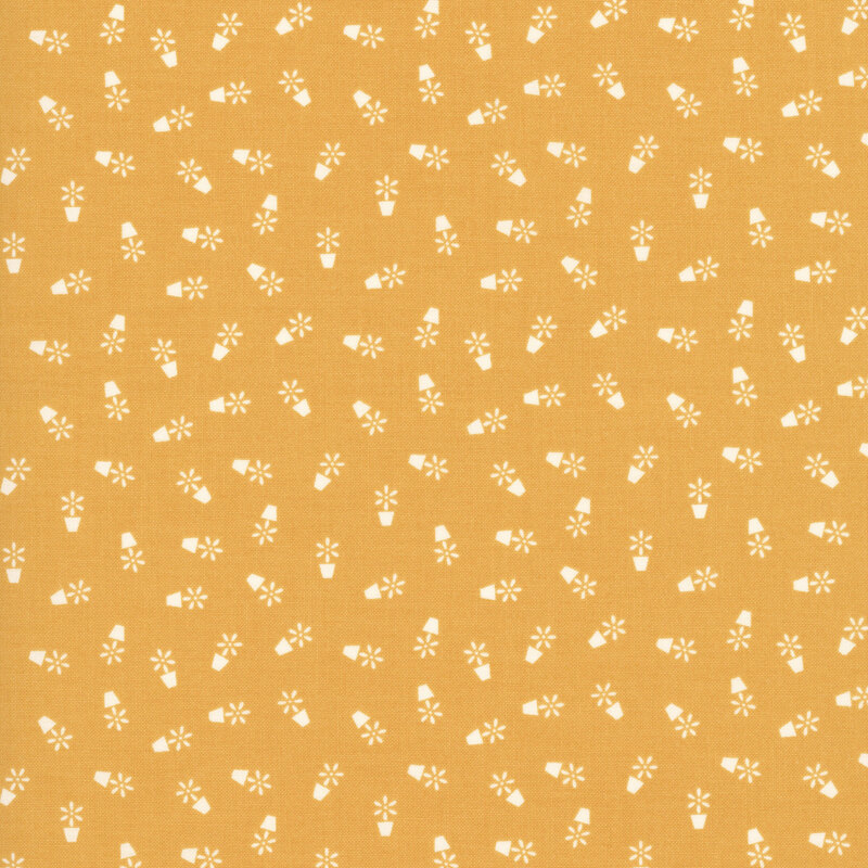 Daisy yellow fabric with a pattern of small white flowerpots 