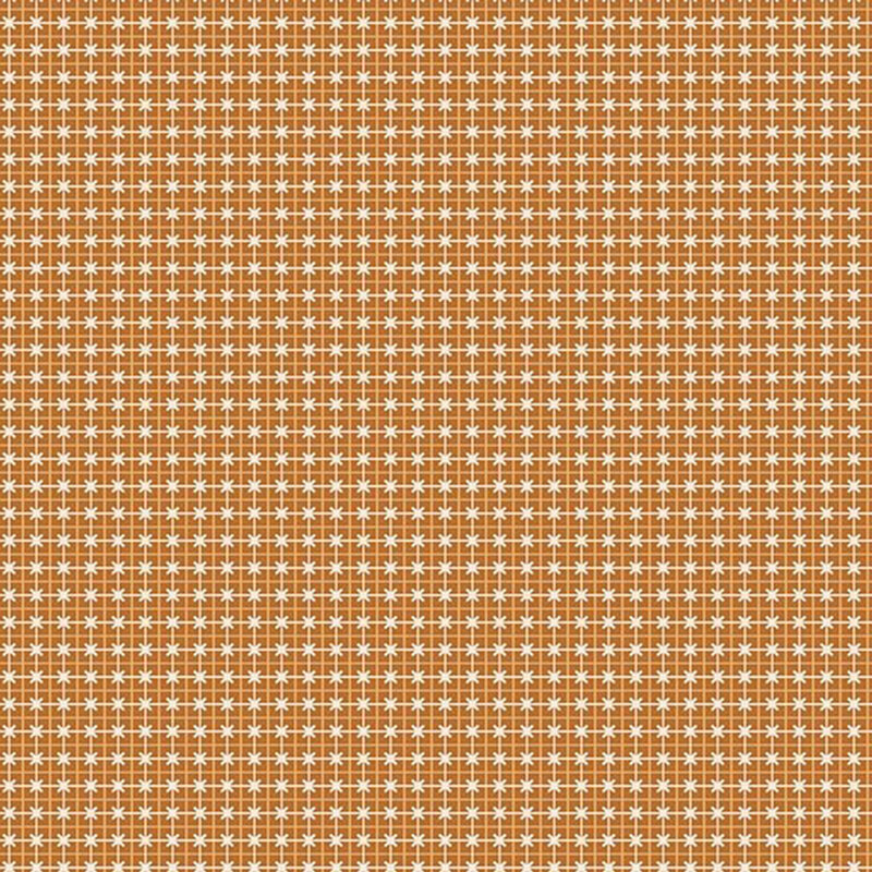 Dark gold fabric with overlapping yellow and cream lines and small cream X shapes