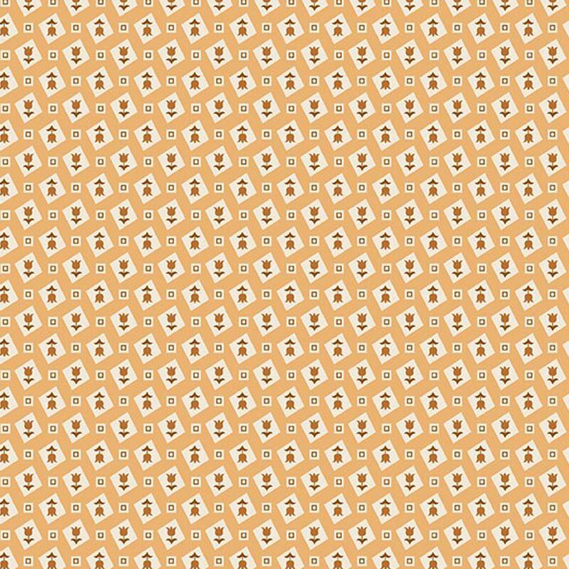 Daisy yellow fabric with cream rectangles containing gold and brown tulips and brown squares