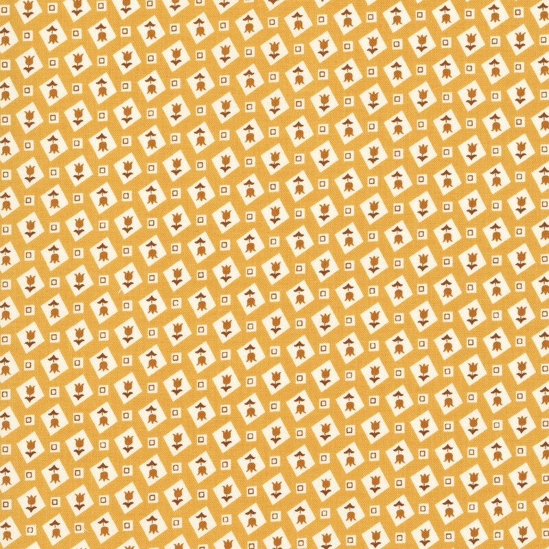 Daisy yellow fabric with cream rectangles containing gold and brown tulips and brown squares
