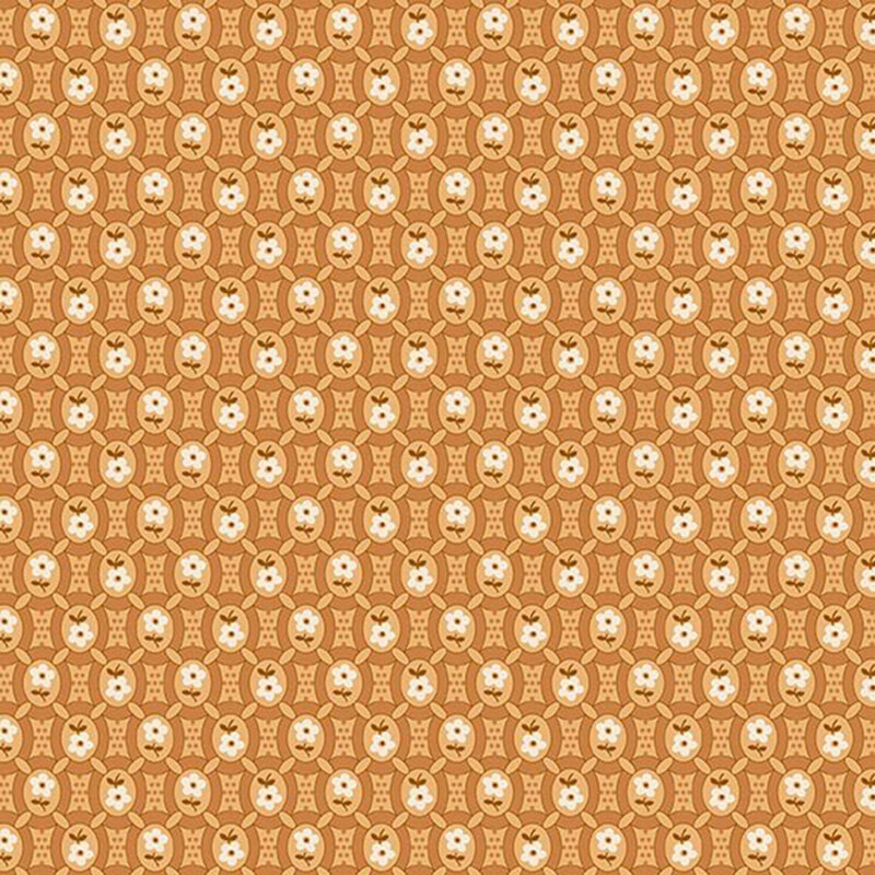 Primitive design of yellow and gold ovals with cream florals, brown stems, and gold dots