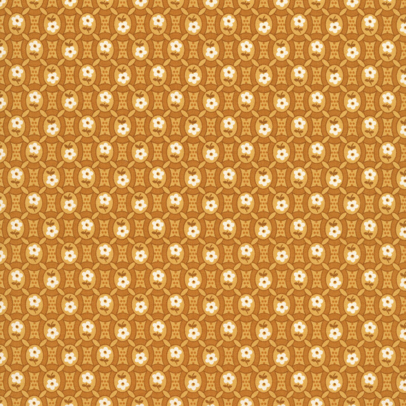 Primitive design of yellow and gold ovals with cream florals, brown stems, and gold dots