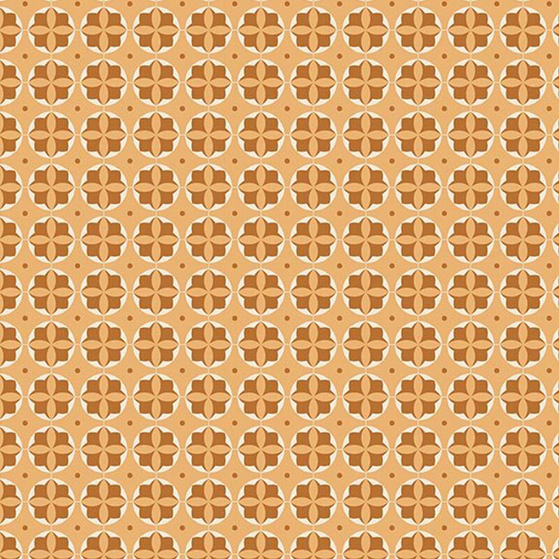 Honey yellow fabric with cream circles containing dark yellow floral rosettes along with dark gold dots