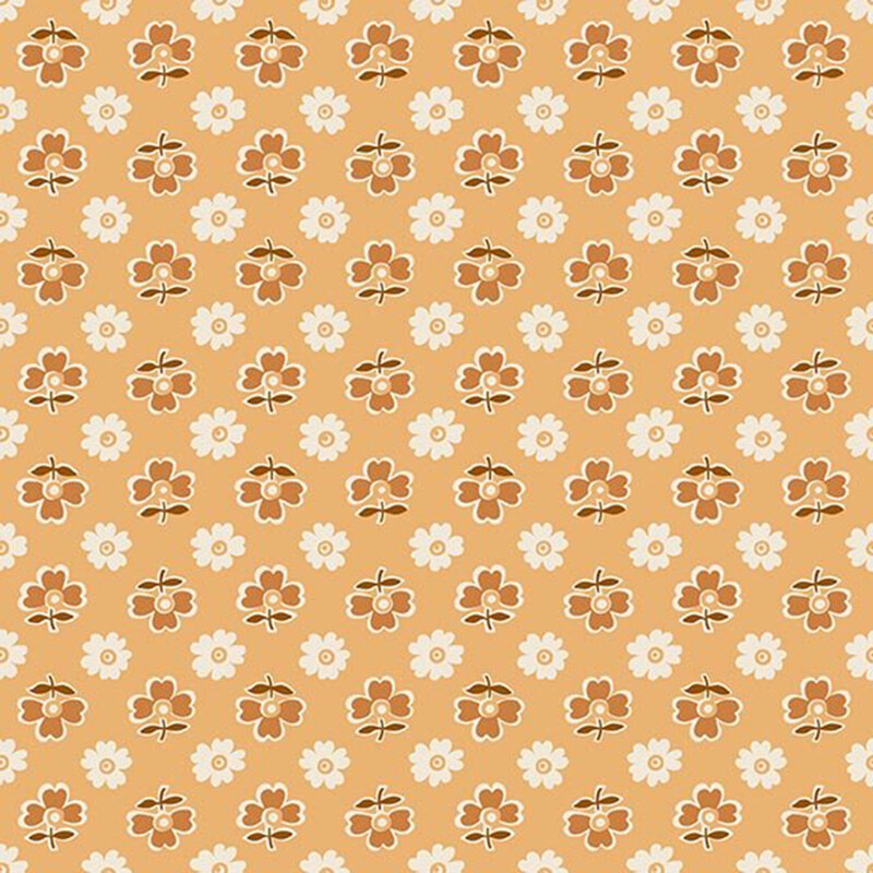 Honey yellow fabric with an alternating pattern of gold and white flowers