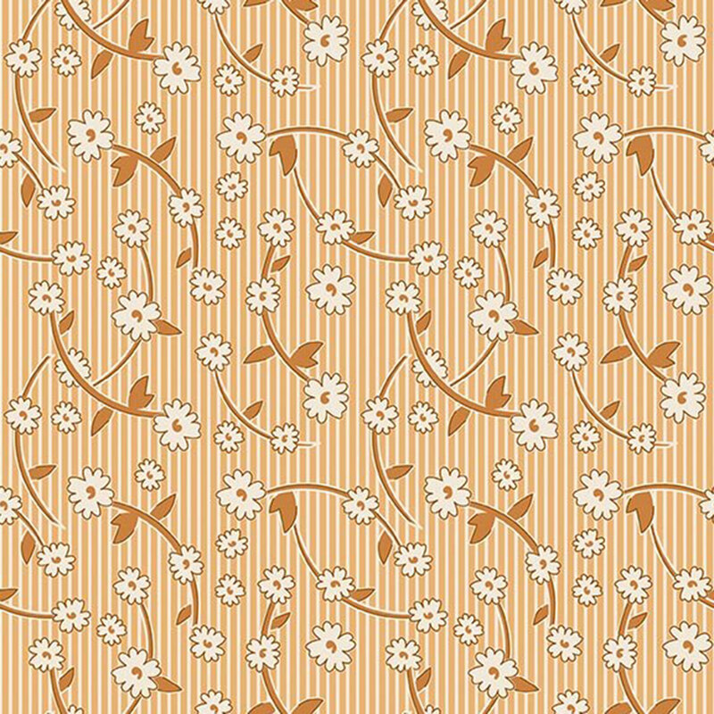 Honey yellow fabric with light beige stripes and a cascading pattern of cream daisies with dark gold stems