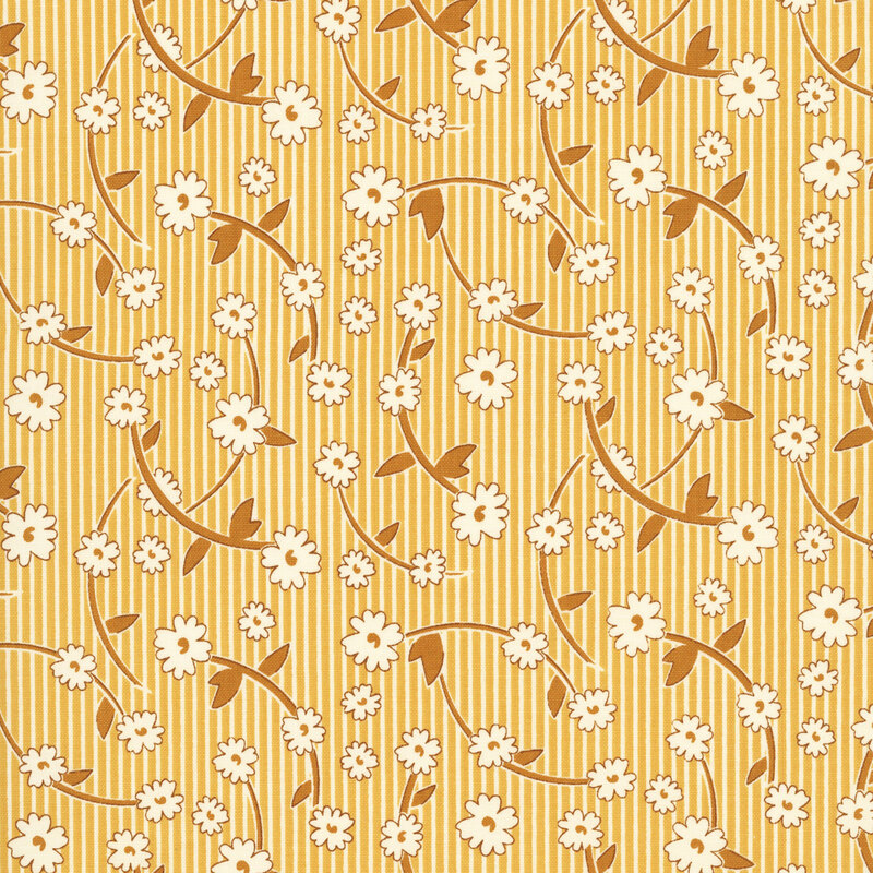 Honey yellow fabric with light beige stripes and a cascading pattern of cream daisies with dark gold stems