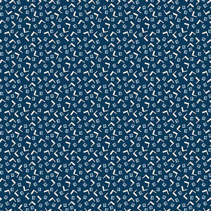 Navy blue fabric with an abstract design of white V shapes and faded blue squares