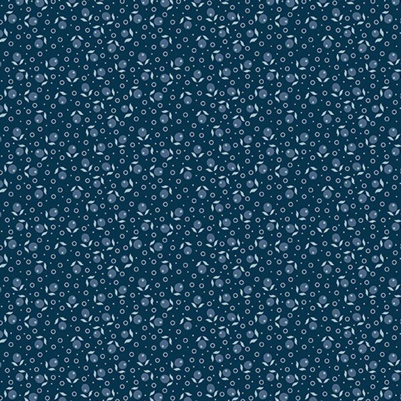 Navy blue fabric with a dense pattern of denim blue berries and circle dots