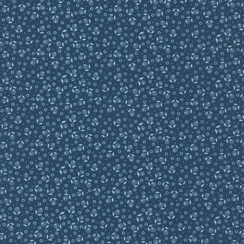 Navy blue fabric with a dense pattern of denim blue berries and circle dots