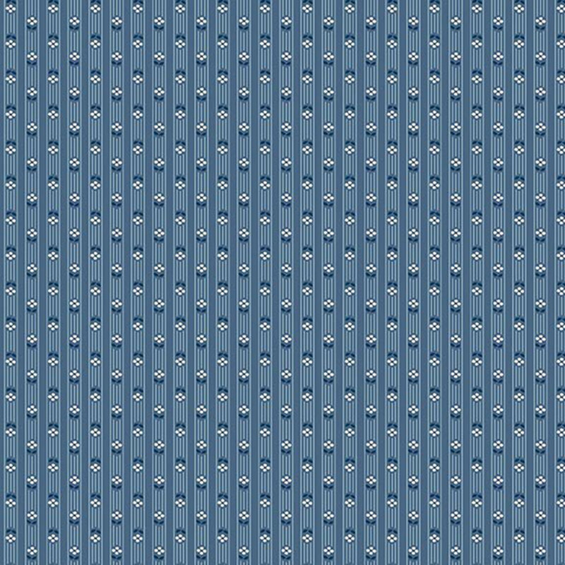 Faded denim blue fabric with tonal blue stripes and tiny cream flowers with navy blue stems