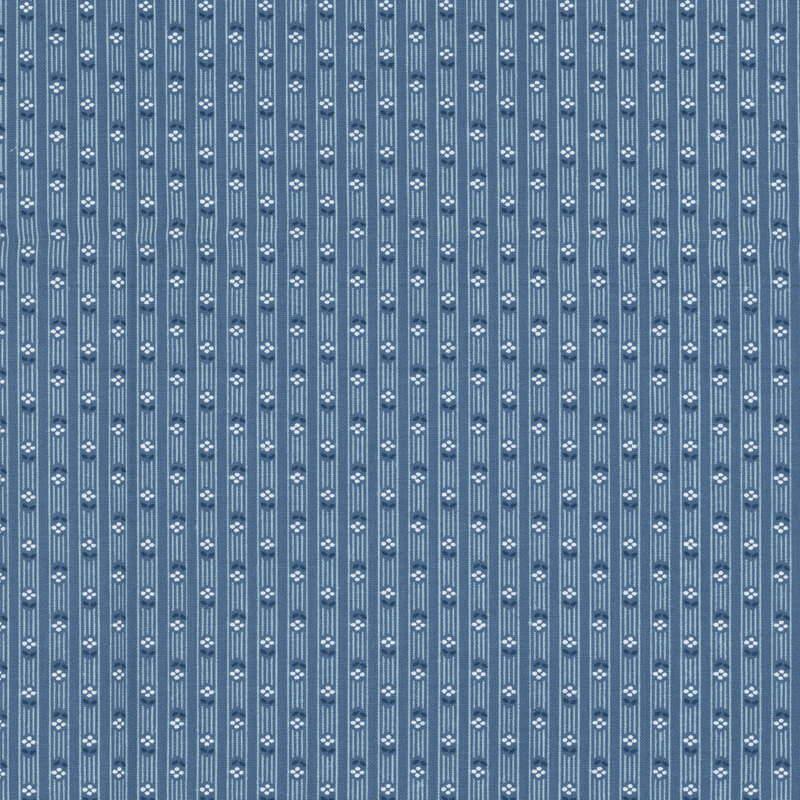 Faded denim blue fabric with tonal blue stripes and tiny white flowers with navy blue stems