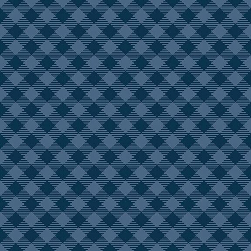 A denim blue fabric with navy buffalo checks