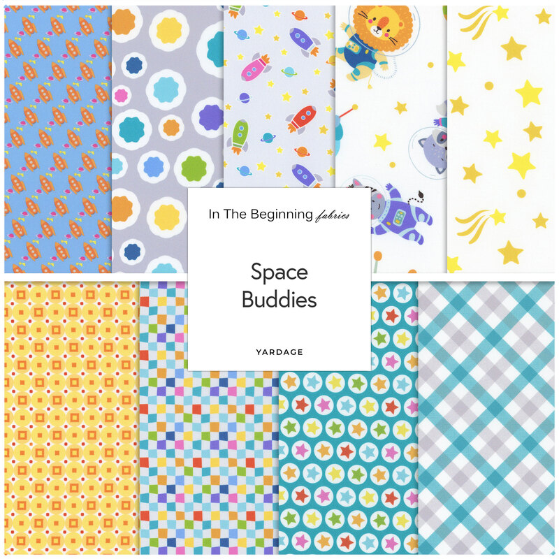 Collage of fabrics in the collection with rockets, animals, and outer space themes, in gray and bright colors