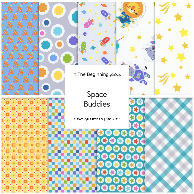Collage of fabrics in the collection with rockets, animals, and outer space themes, in gray and bright colors
