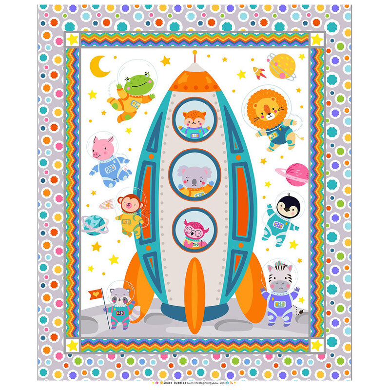 Fabric panel depicting a rocket ship with cute zoo animals in space suits, stars, and moons, on a gray background with multicolor spots
