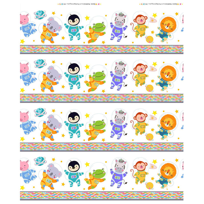 Border stripe fabric with cute animal astronauts, stars, and planets and multicolor strips between