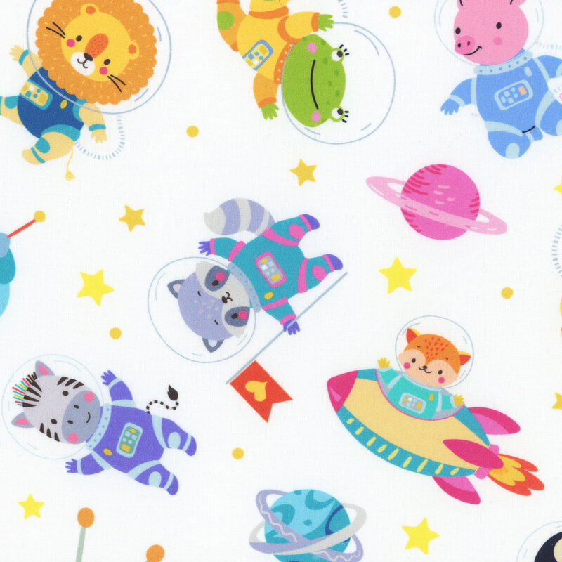 White fabric with a colorful, tossed pattern of zoo animals in spacesuits and rockets, planets, and stars
