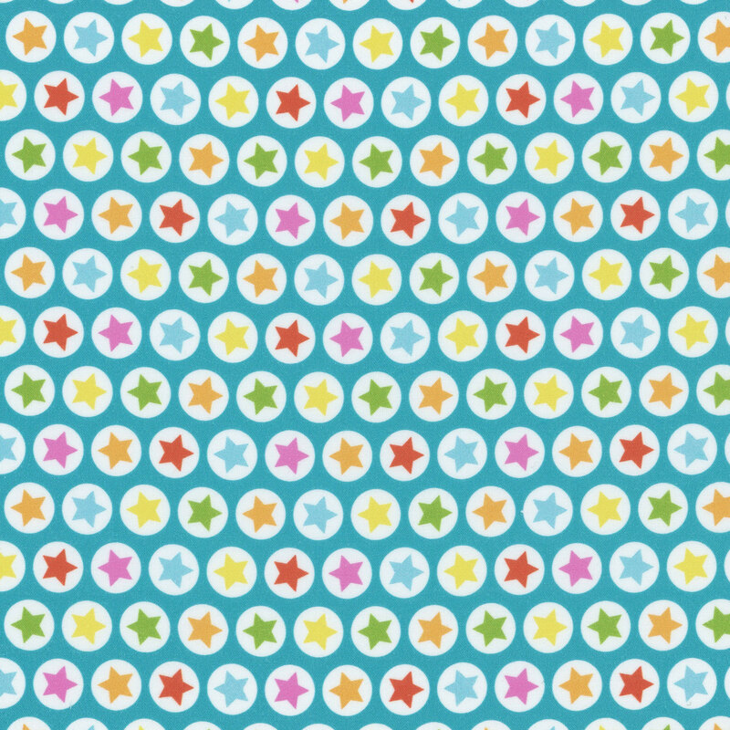 Teal blue fabric with white circles containing bright, multicolor stars
