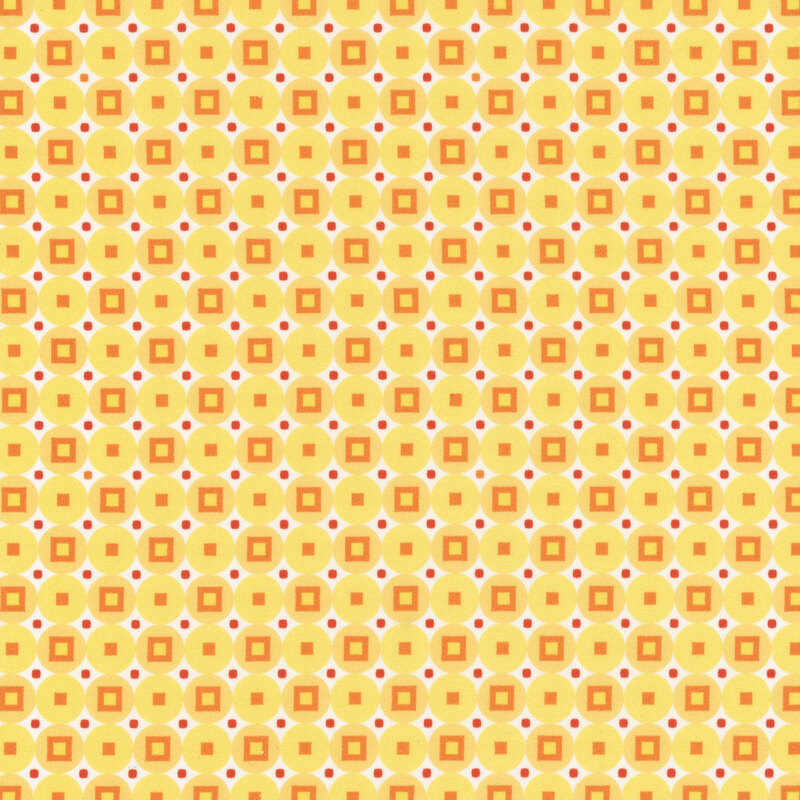 Fabric with an all-over pattern of yellow circles containing orange squares and white diamonds containing red squares