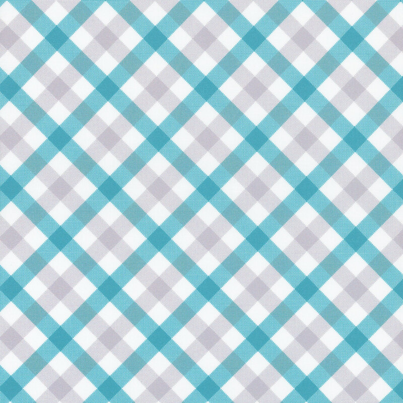 White fabric with blue and gray lattice pattern 
