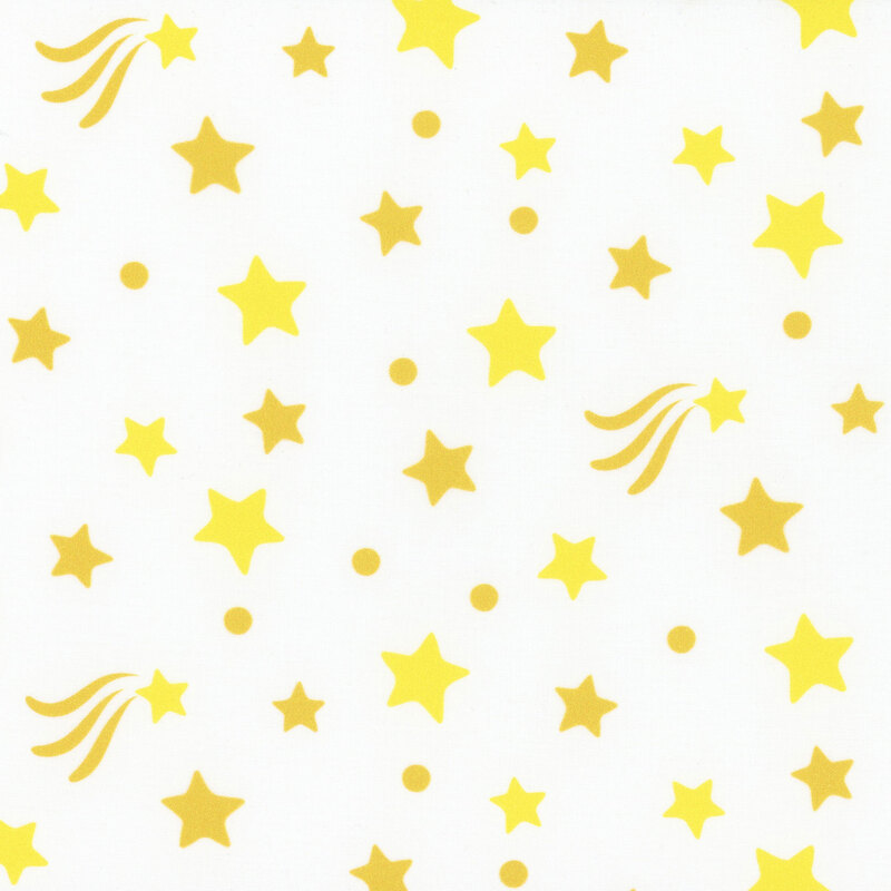 White fabric with yellow and gold stars, shooting stars, and gold circles