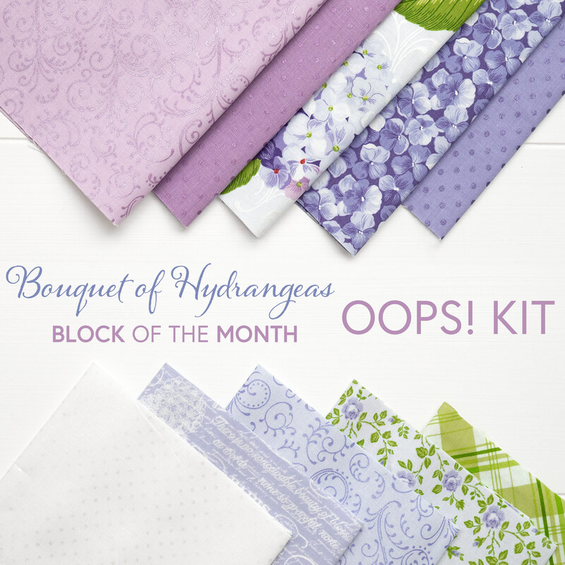 The 10 Oops Kit fabrics in shades of blue and purple with floral patterns arranged with a text graphic.
