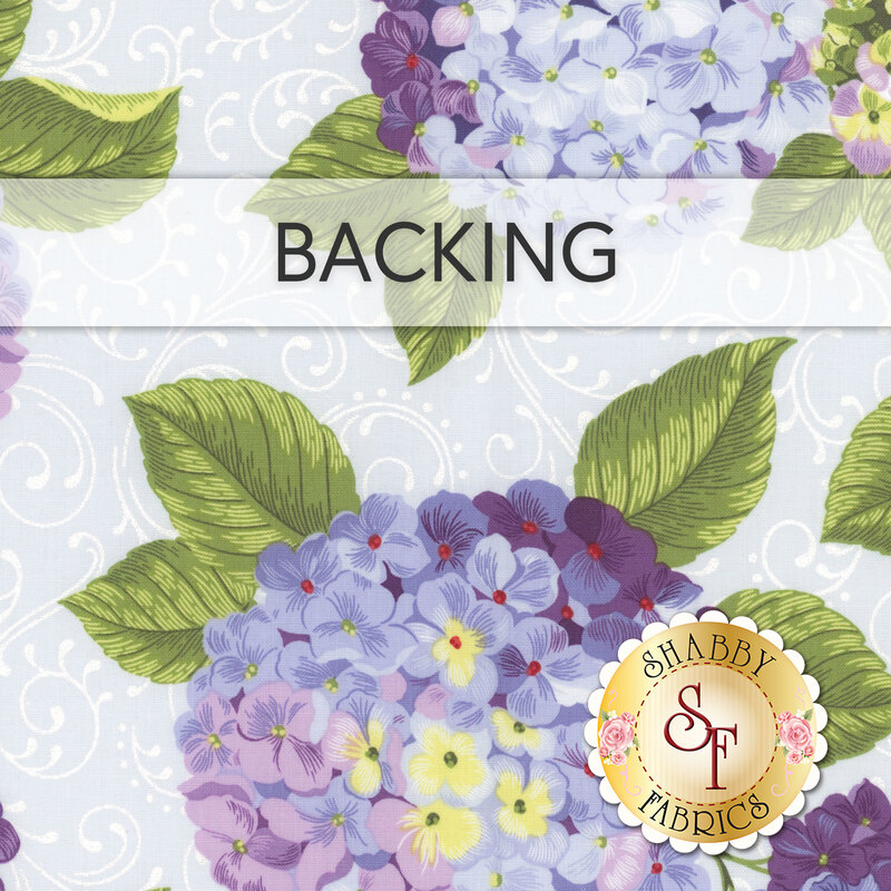 Powder blue fabric swatch with large tossed purple and blue hydrangeas with green leaves; a transparent banner over the top reads "Backing."