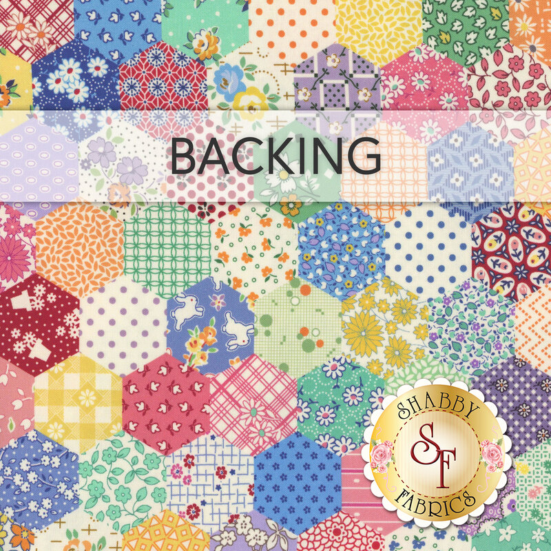 Cheater style fabric swatch with a multicolored, hexagonal patchwork pattern; a transparent banner at the top reads "Backing."