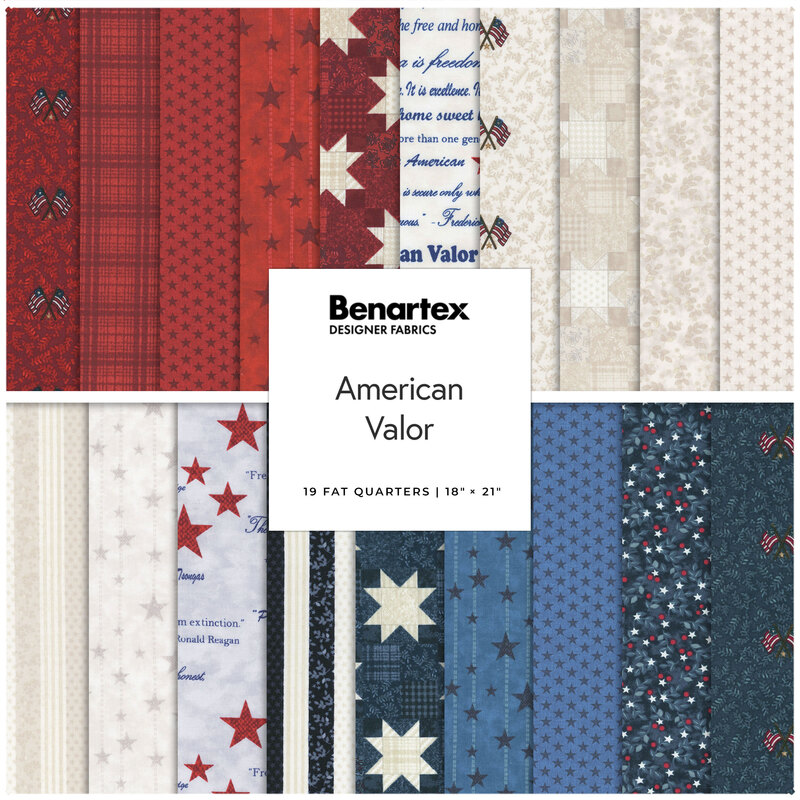 Collage of fabrics in the collection in bold red, off-white, and blue, with tonal, Americana prints.