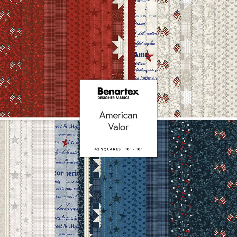 Collage of fabrics in the collection in bold red, off-white, and blue, with tonal, Americana prints