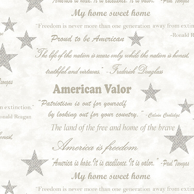 Oyster white mottled fabric with stars and words in light gray, which include "American Valor" and quotations from famous Americans