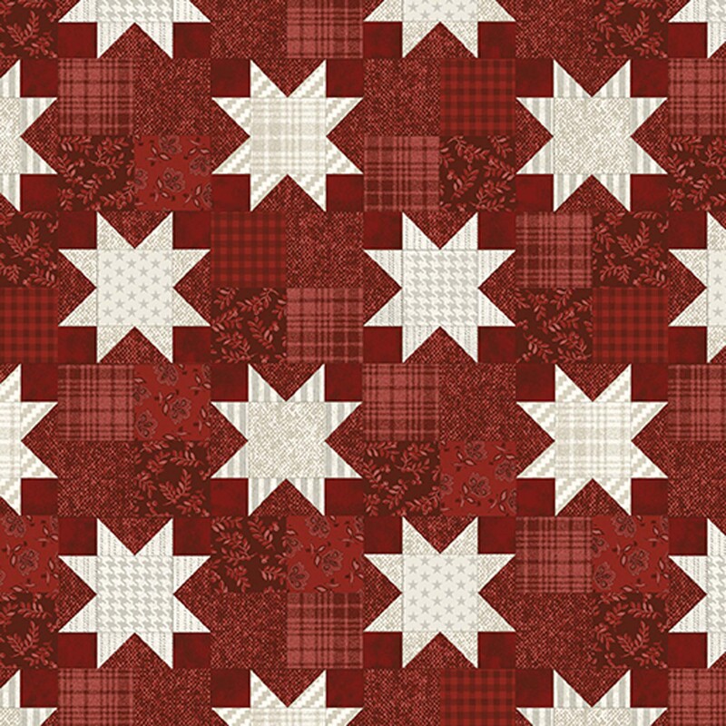Cream-toned patchwork stars on a patchwork-style maroon red fabric