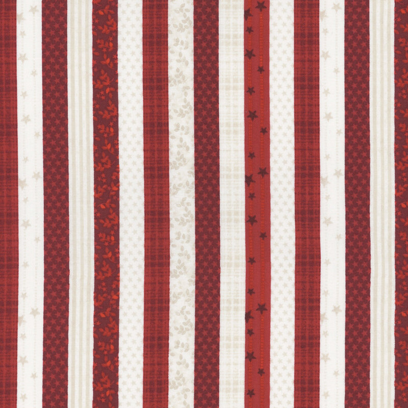 Fabric with red and cream stripes featuring subtle tonal patterns
