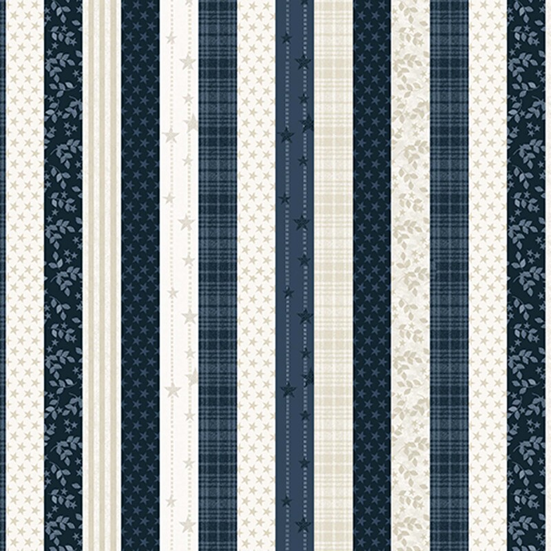 Fabric with navy and cream stripes featuring subtle tonal patterns