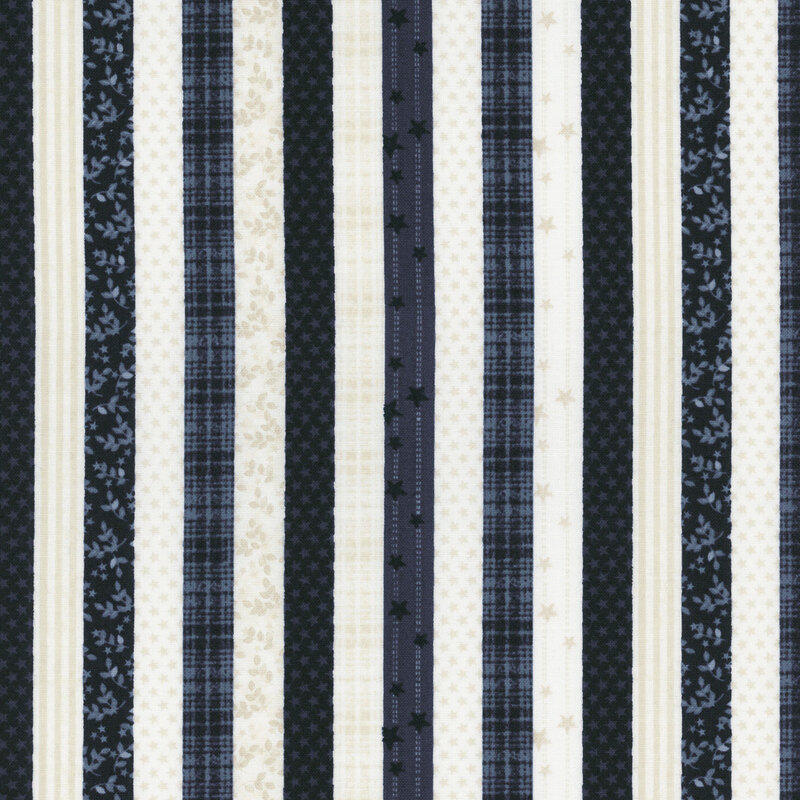 Fabric with navy and cream stripes featuring subtle tonal patterns