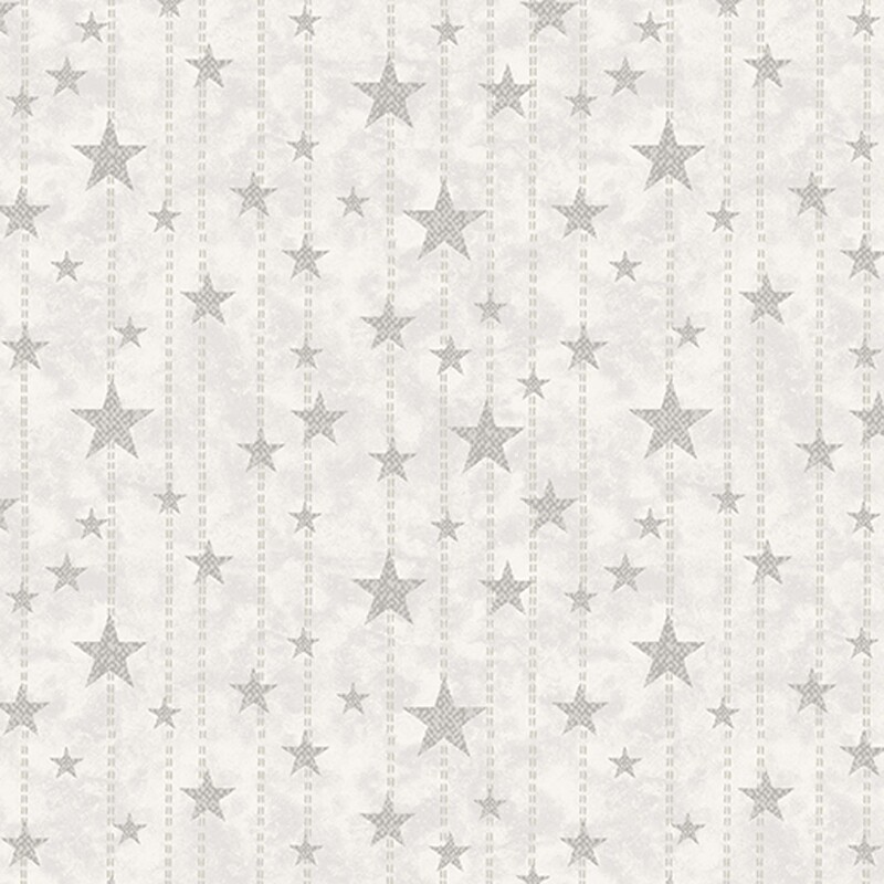 Mottled oyster white fabric with beige dotted lines and small, medium, and large stars