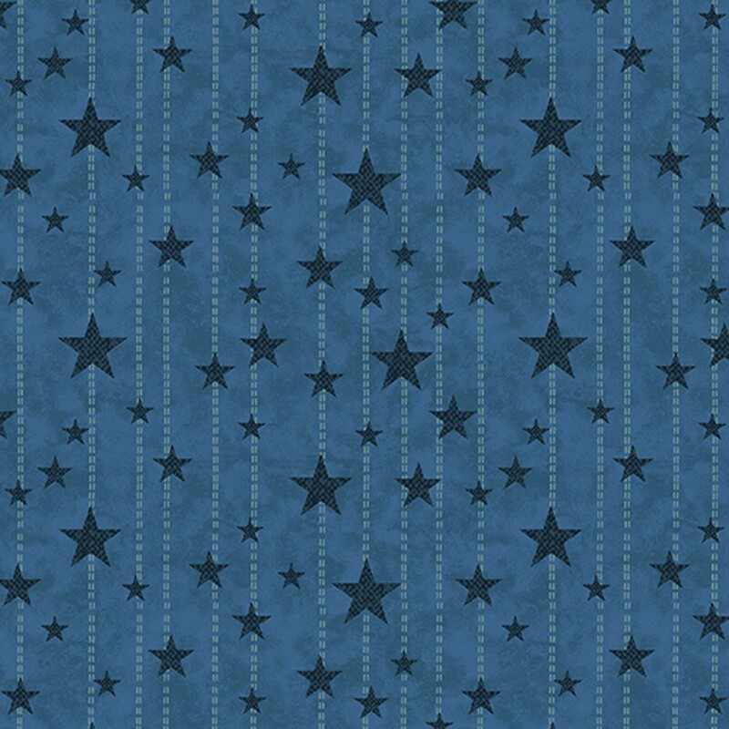 Mottled denim blue fabric with light blue dotted lines and small, medium, and large indigo stars