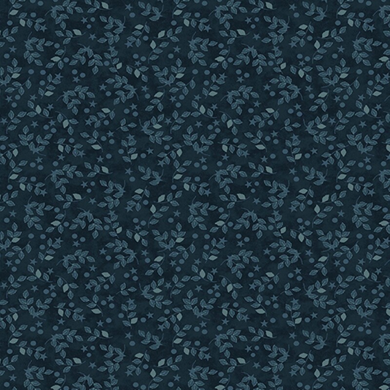 Indigo fabric with tonal leaves and tiny stars and circles