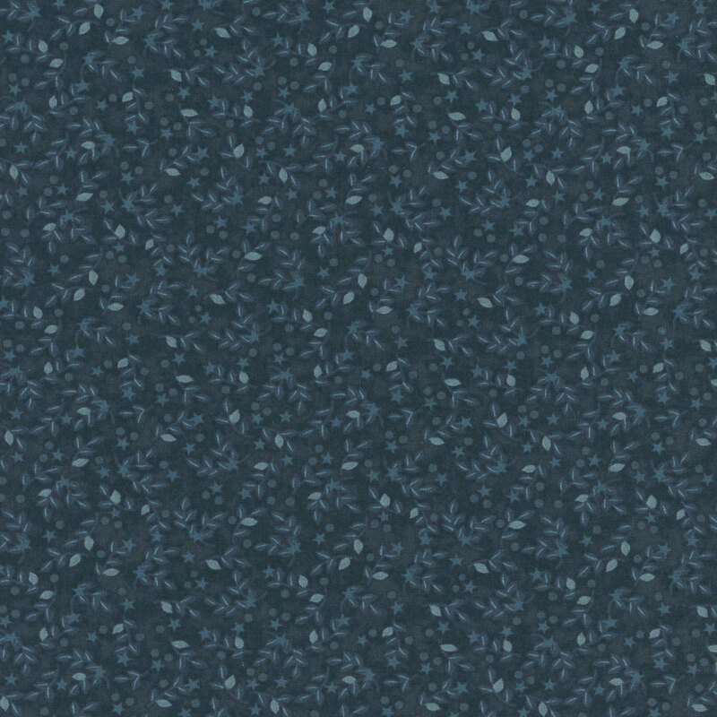 Indigo fabric with tonal leaves and tiny stars and circles