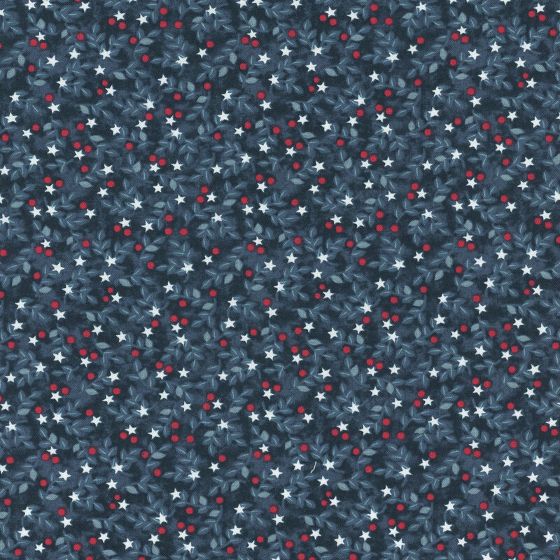 Indigo fabric with tonal leaves, tiny red circles, and white stars
