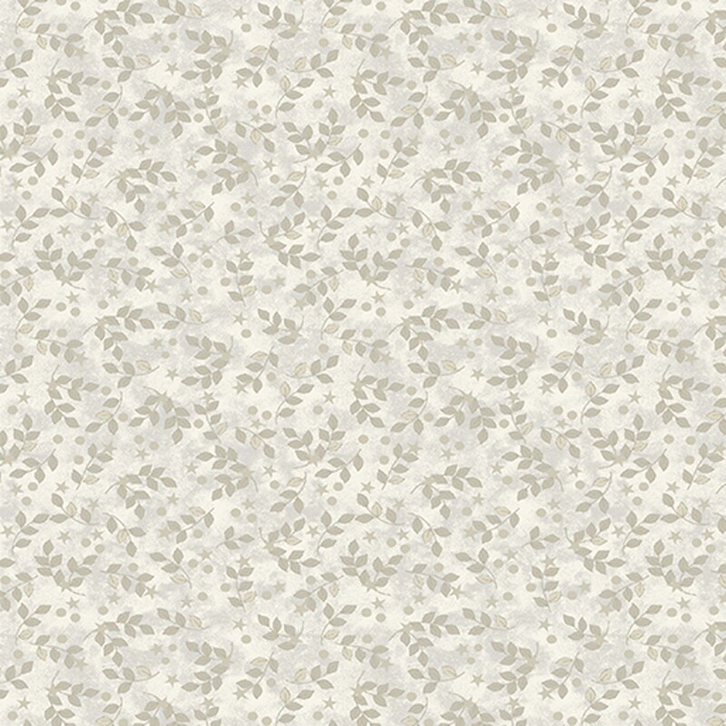 Oyster fabric with tonal gray leaves and tiny circles and stars