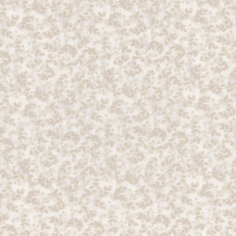 Oyster fabric with tonal gray leaves and tiny circles and stars