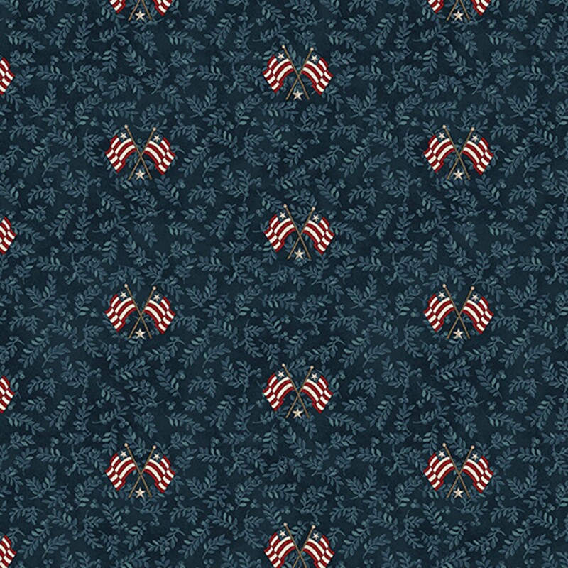 Indigo fabric with tonal denim blue leaves and a pattern of striped flags and small stars