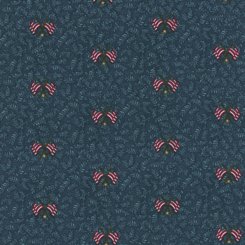 Indigo fabric with tonal denim blue leaves and a pattern of striped flags and small stars