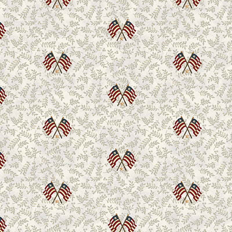Mottled cream fabric with tonal beige leaves and a pattern of striped flags and gold stars