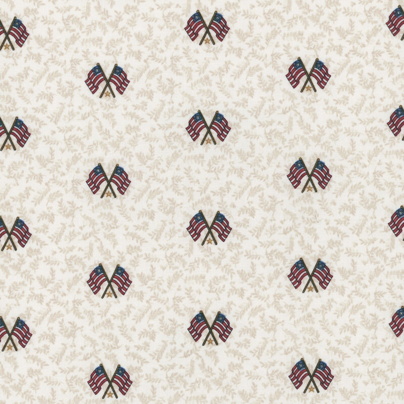 Mottled cream fabric with tonal beige leaves and a pattern of striped flags and gold stars