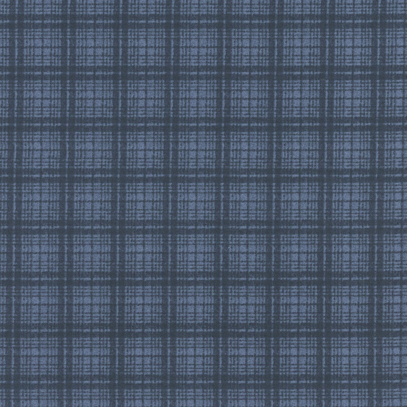 Navy blue fabric with tonal indigo tartan plaid design